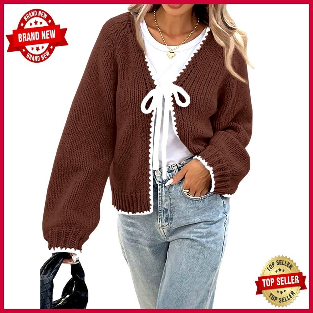 Long Sleeve Tie Front Cardigan V Neck Loose Knit Sweater Fall Winter